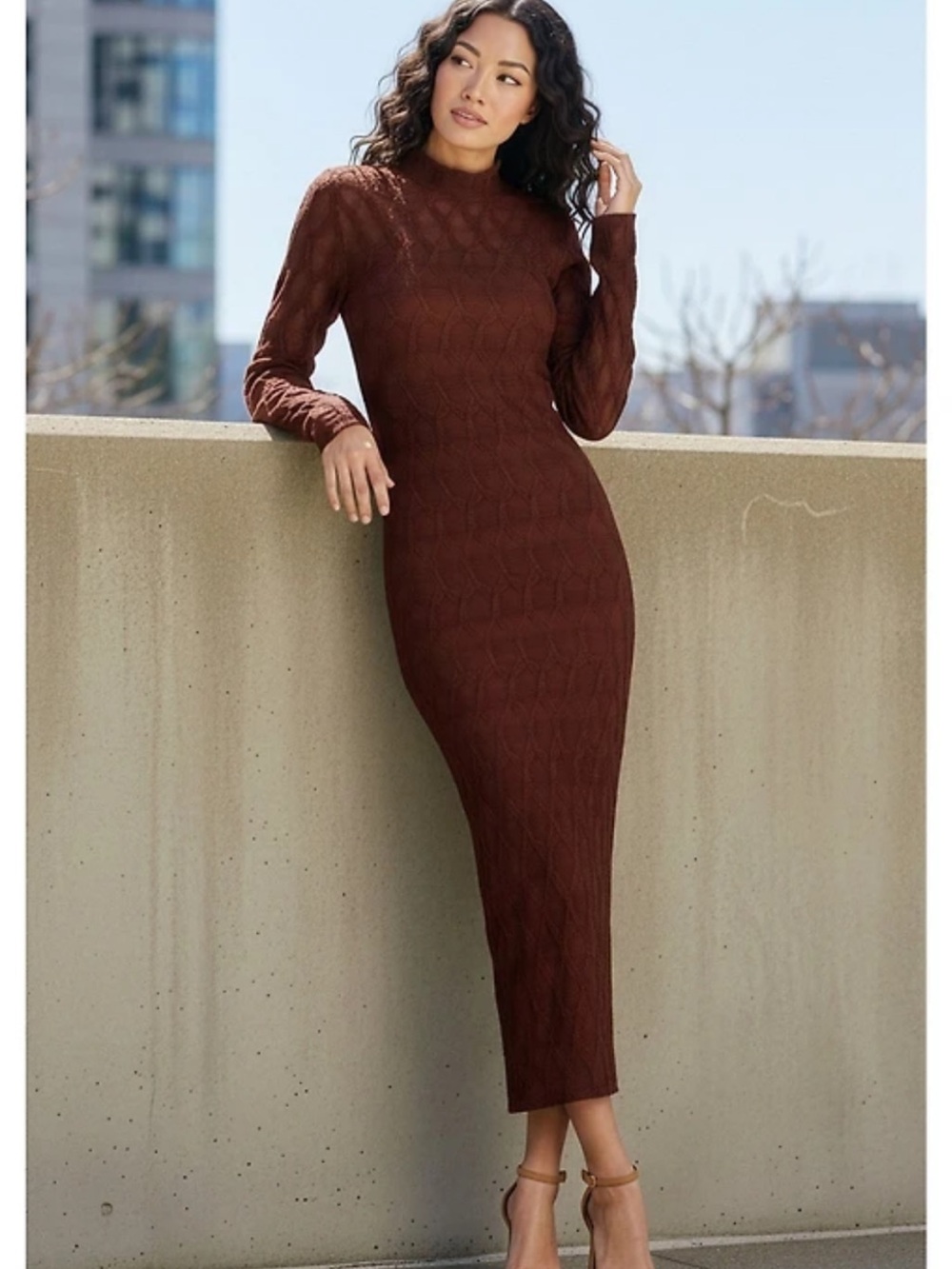 Antonio Melani Katelyn Midi Dress L Long Sleeve Turtleneck Puckered Jacquard